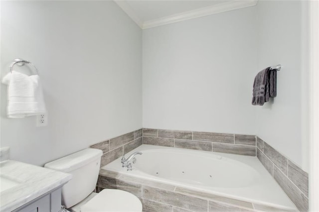 full bath with toilet, a jetted tub, crown molding, and vanity