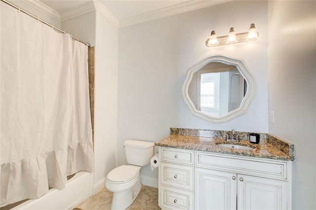 bathroom featuring tile patterned flooring, toilet, shower / tub combo, vanity, and crown molding