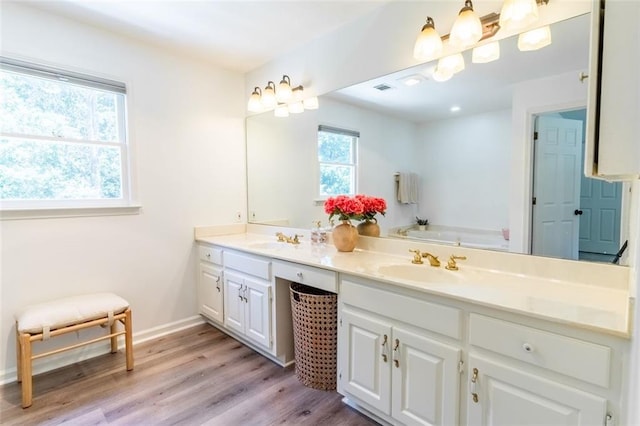 3664 Maple Forge Ln, Gainesville, GA 30504 - bathroom with double vanity, wood finished floors, and a garden tub