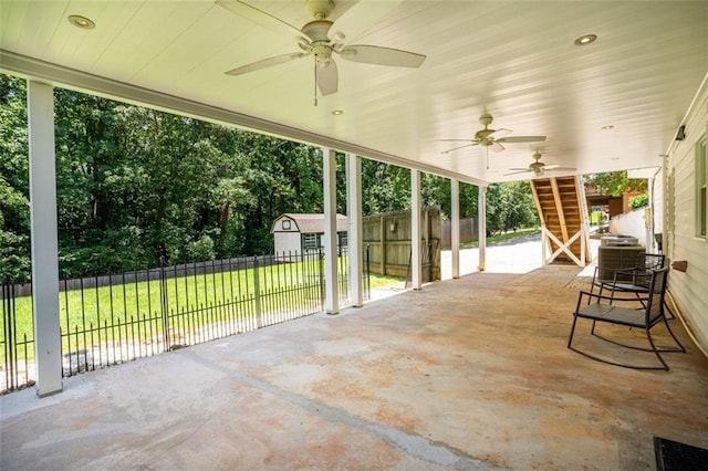 3664 Maple Forge Ln, Gainesville, GA 30504 - view of patio with a ceiling fan, stairway, and a shed