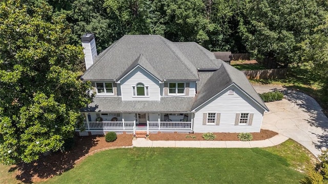 3664 Maple Forge Ln, Gainesville, GA 30504 - view of front of property featuring a chimney, covered porch, a front lawn, driveway, and a shingled roof