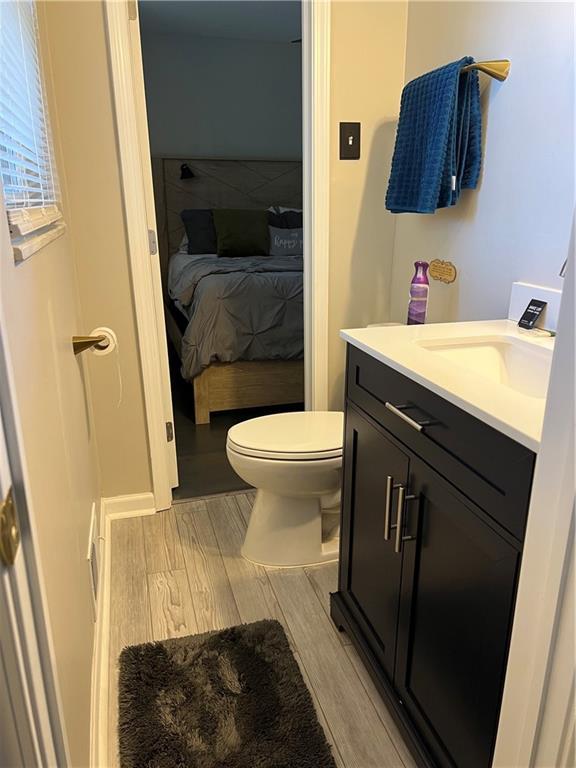 bathroom featuring vanity, toilet, and wood finished floors