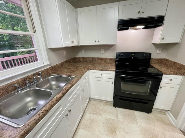 25 Gladstone Dr SW, Marietta, GA 30060 - kitchen featuring electric range, under cabinet range hood, white cabinetry, and dark countertops