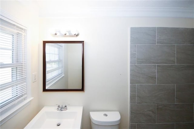 bathroom with toilet, sink, and ornamental molding