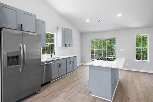 3156 Ozmer Lndg, Decatur, GA 30034 - kitchen featuring stainless steel appliances, lofted ceiling, gray cabinets, a sink, and light wood finished floors