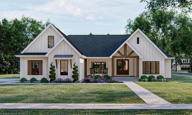 modern inspired farmhouse featuring a front lawn