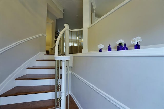 staircase featuring hardwood / wood-style flooring