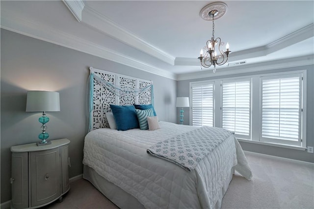 bedroom featuring carpet flooring, a notable chandelier, a raised ceiling, and multiple windows