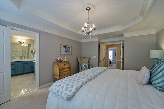 bedroom with a tray ceiling, crown molding, light colored carpet, and an inviting chandelier