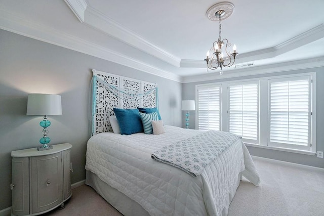 bedroom featuring a chandelier, light carpet, visible vents, ornamental molding, and a raised ceiling