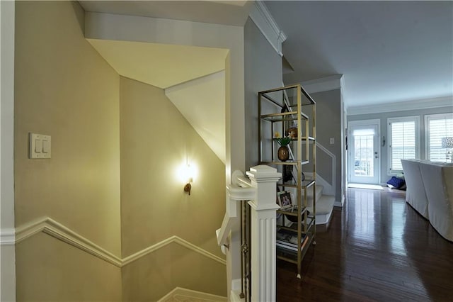 stairs featuring crown molding and hardwood / wood-style flooring