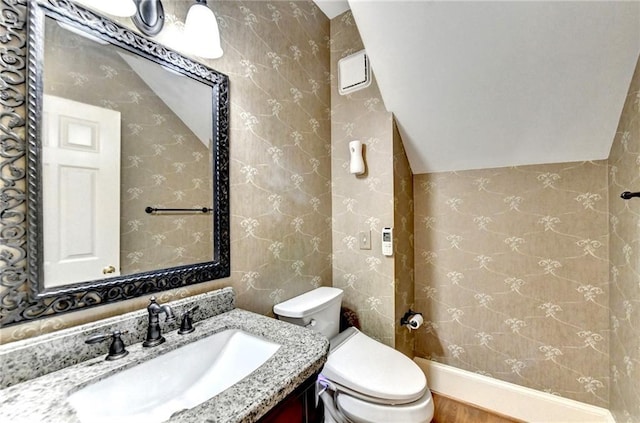 bathroom with vanity, toilet, wood finished floors, and lofted ceiling