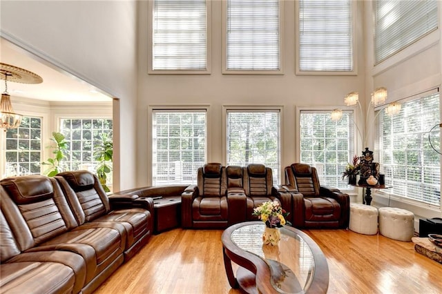 living area featuring an inviting chandelier, a high ceiling, light wood-type flooring, and a healthy amount of sunlight