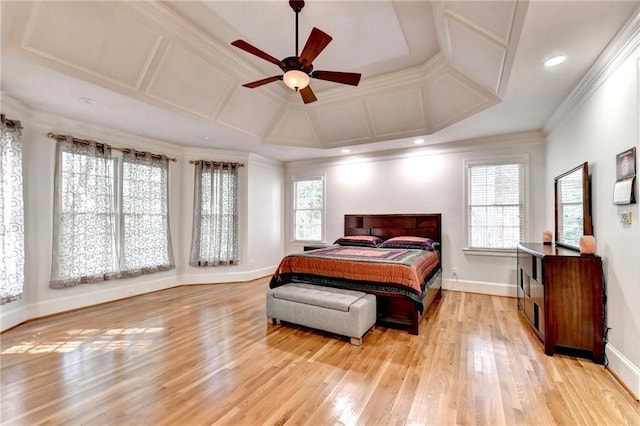 bedroom featuring baseboards, light wood finished floors, coffered ceiling, and multiple windows
