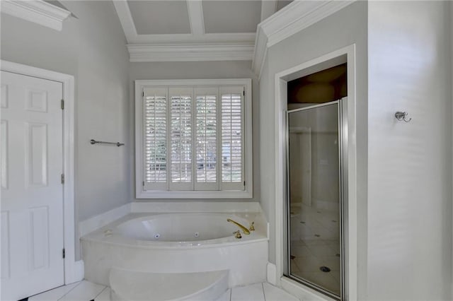bathroom featuring crown molding, tile patterned floors, a tub with jets, and a shower stall