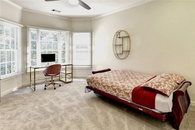 bedroom featuring carpet flooring, baseboards, visible vents, and ornamental molding
