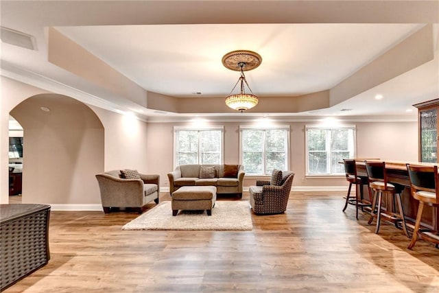 living room with a raised ceiling, baseboards, and ornamental molding