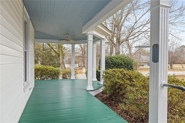 view of patio featuring ceiling fan