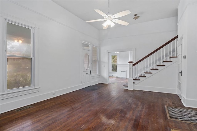 entrance foyer featuring ceiling fan and dark hardwood / wood-style floors