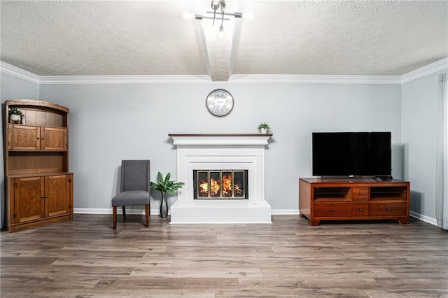 1879 Beaver Dam Ln NE, Marietta, GA 30062 - living room with a textured ceiling, wood finished floors, ornamental molding, baseboards, and a glass covered fireplace