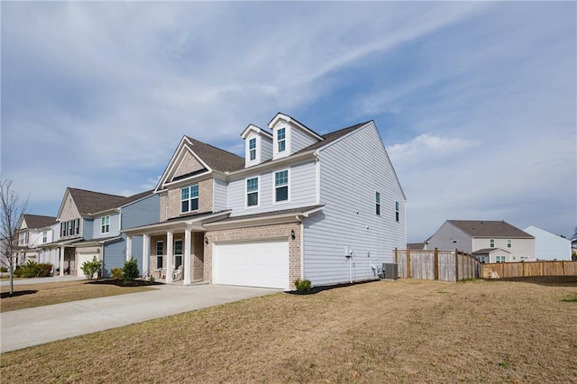 view of front of home with fence, driveway, an attached garage, central air condition unit, and brick siding