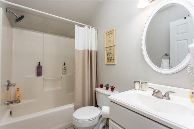 full bathroom featuring toilet, vanity, shower / bath combination with curtain, and vaulted ceiling