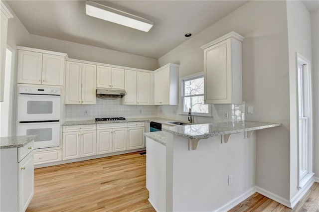 1924 Wilkenson Xing, Marietta, GA 30066 - kitchen featuring double oven, under cabinet range hood, light wood-style floors, a peninsula, and a sink