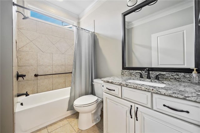 bathroom with shower / tub combo, toilet, ornamental molding, tile patterned floors, and vanity