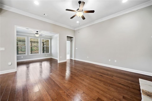 unfurnished living room with crown molding, ceiling fan, visible vents, baseboards, and dark wood finished floors