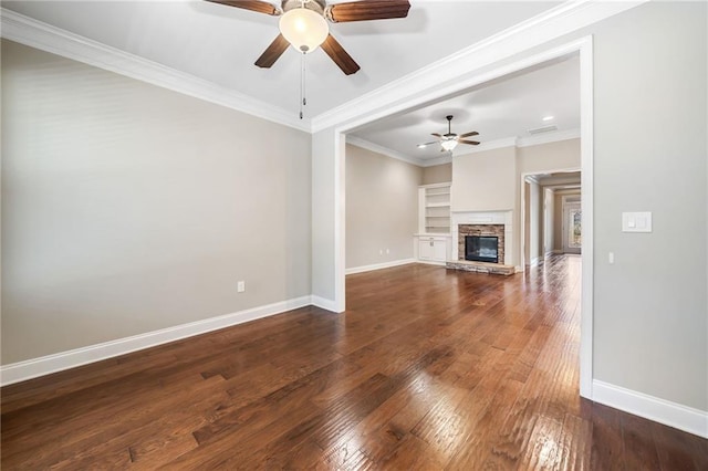unfurnished living room with hardwood / wood-style floors, a ceiling fan, and baseboards