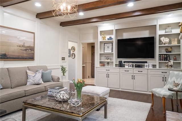 2080 Old Dominion Rd, Atlanta, GA 30350 - living area featuring dark wood-style flooring, a decorative wall, beamed ceiling, recessed lighting, and a chandelier