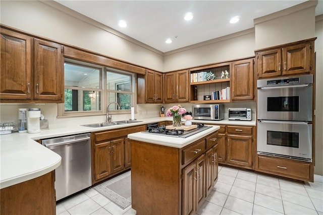 2080 Old Dominion Rd, Atlanta, GA 30350 - kitchen with appliances with stainless steel finishes, a sink, a center island, light tile patterned flooring, and recessed lighting