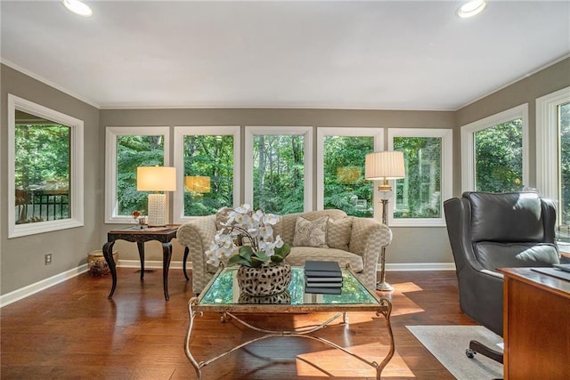 2080 Old Dominion Rd, Atlanta, GA 30350 - living room with baseboards, dark wood-type flooring, crown molding, and recessed lighting