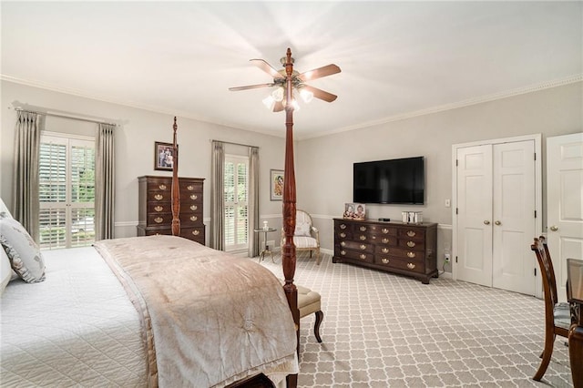 2080 Old Dominion Rd, Atlanta, GA 30350 - bedroom featuring light colored carpet, multiple windows, ornamental molding, and a ceiling fan
