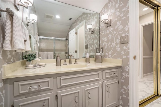 2080 Old Dominion Rd, Atlanta, GA 30350 - full bathroom with wallpapered walls, vanity, a shower stall, marble look tile flooring, and lofted ceiling