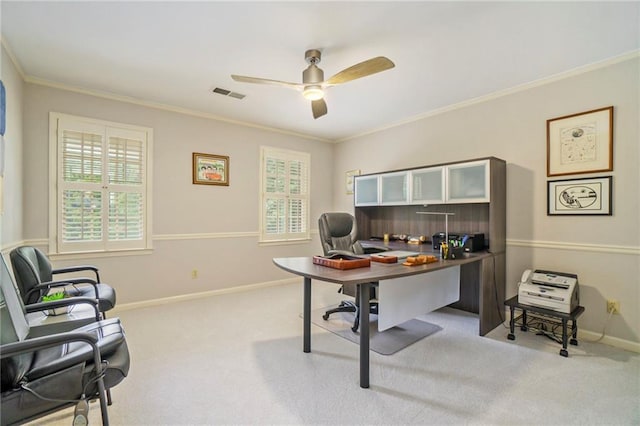 2080 Old Dominion Rd, Atlanta, GA 30350 - office area with light carpet, a ceiling fan, baseboards, and crown molding