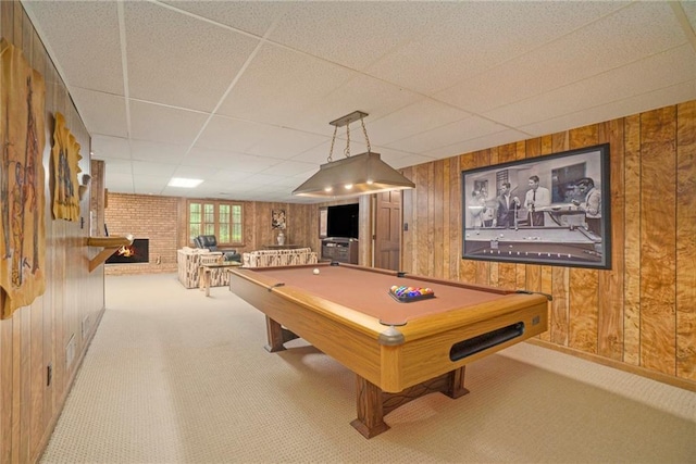 2080 Old Dominion Rd, Atlanta, GA 30350 - recreation room with carpet, wooden walls, a fireplace, a drop ceiling, and pool table