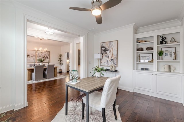 dining space with ceiling fan with notable chandelier, ornamental molding, and dark hardwood / wood-style floors