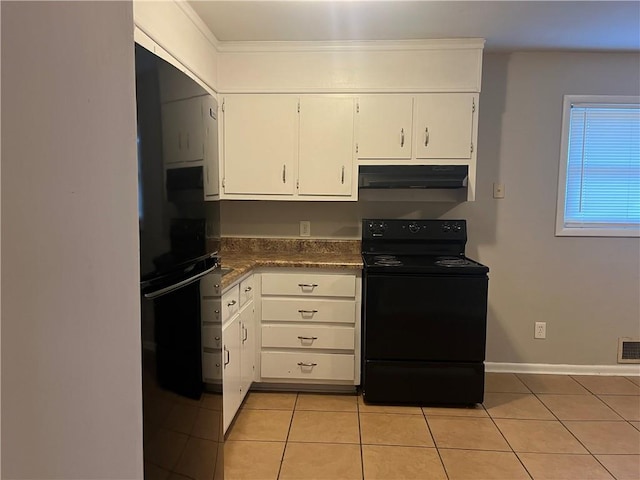 kitchen featuring crown molding, light tile patterned floors, black range with electric stovetop, and white cabinetry