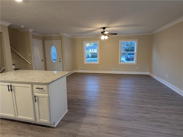 kitchen with light stone countertops, white cabinetry, ceiling fan, and dark wood-type flooring