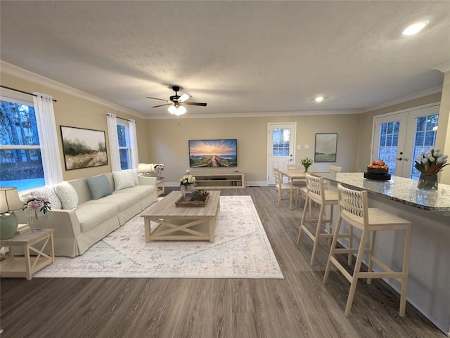 living room featuring crown molding, french doors, and dark wood-type flooring