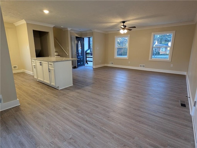 interior space featuring light stone countertops, ornamental molding, ceiling fan, white cabinets, and hardwood / wood-style floors