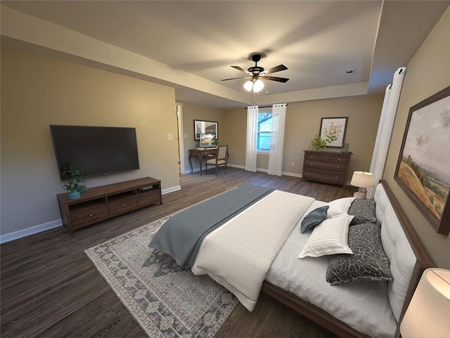 bedroom with ceiling fan and dark hardwood / wood-style floors