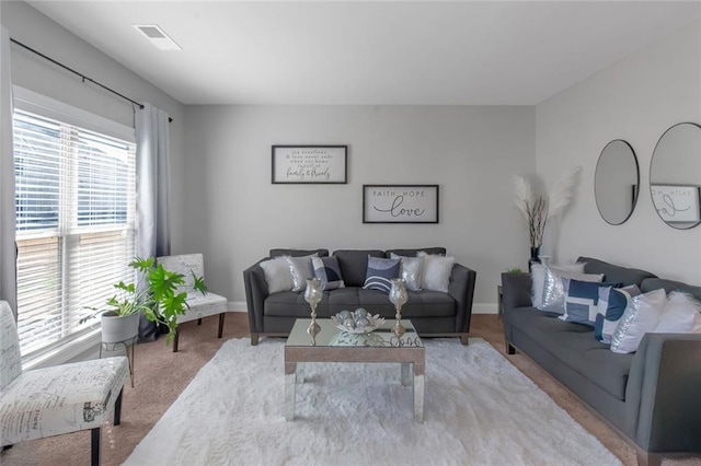 living area featuring visible vents and baseboards