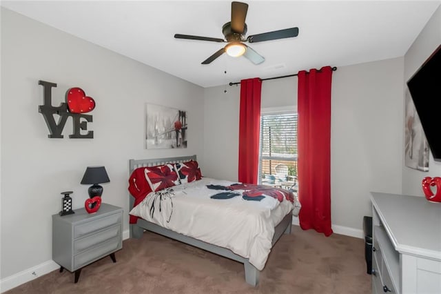 bedroom featuring carpet flooring, a ceiling fan, and baseboards