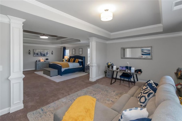 carpeted bedroom featuring baseboards, ornamental molding, a raised ceiling, and ornate columns