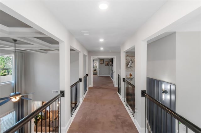 corridor featuring recessed lighting, visible vents, carpet flooring, coffered ceiling, and baseboards