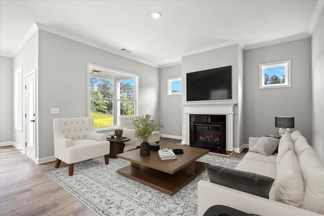 living room featuring light wood-type flooring and crown molding