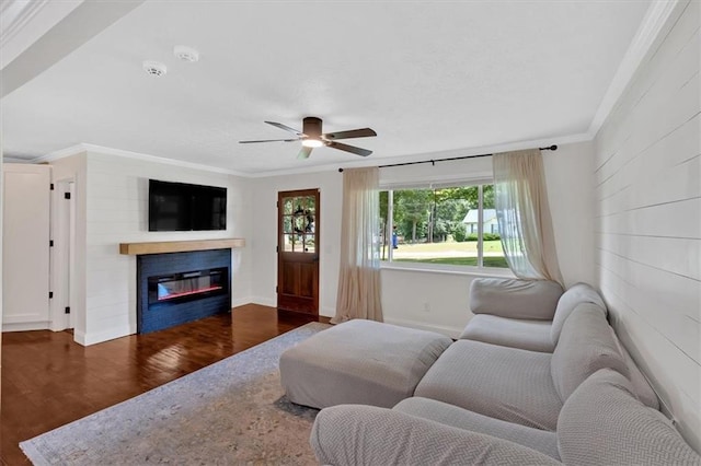 1162 Newtown Church Rd NE, Calhoun, GA 30701 - living area featuring wood finished floors, ornamental molding, a ceiling fan, and a glass covered fireplace
