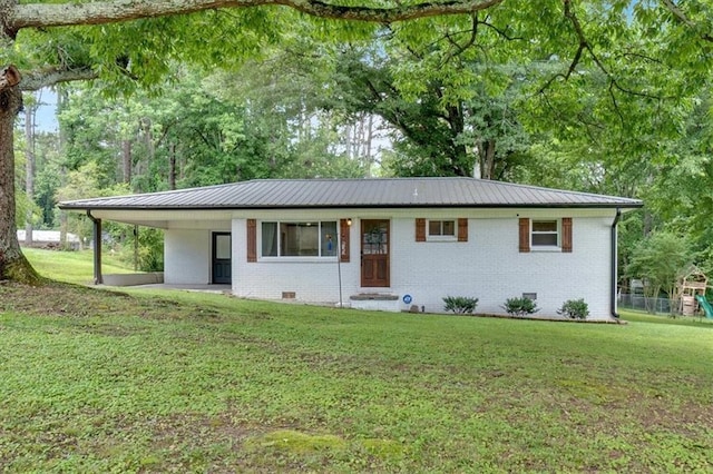 1162 Newtown Church Rd NE, Calhoun, GA 30701 - ranch-style house with a front lawn, brick siding, a metal roof, and an attached carport